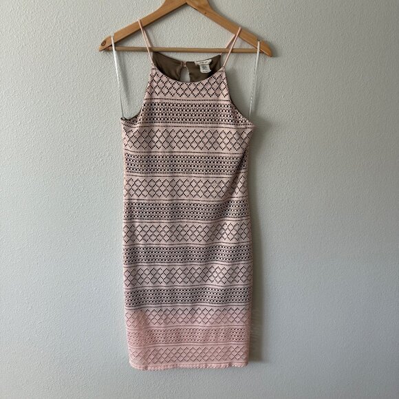 POETRY Pink Blush Lace Overlay Bodycon‎ Slip Dress With Spaghetti Straps Size L - Picture 1 of 7